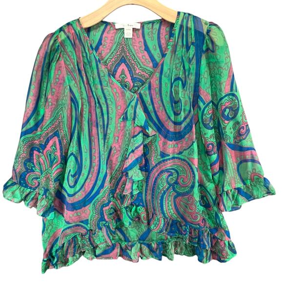 Anthropologie Trinity Blouse Womens M Green Silk Paisley Sheer Ruffle Retro Boho - Picture 1 of 13